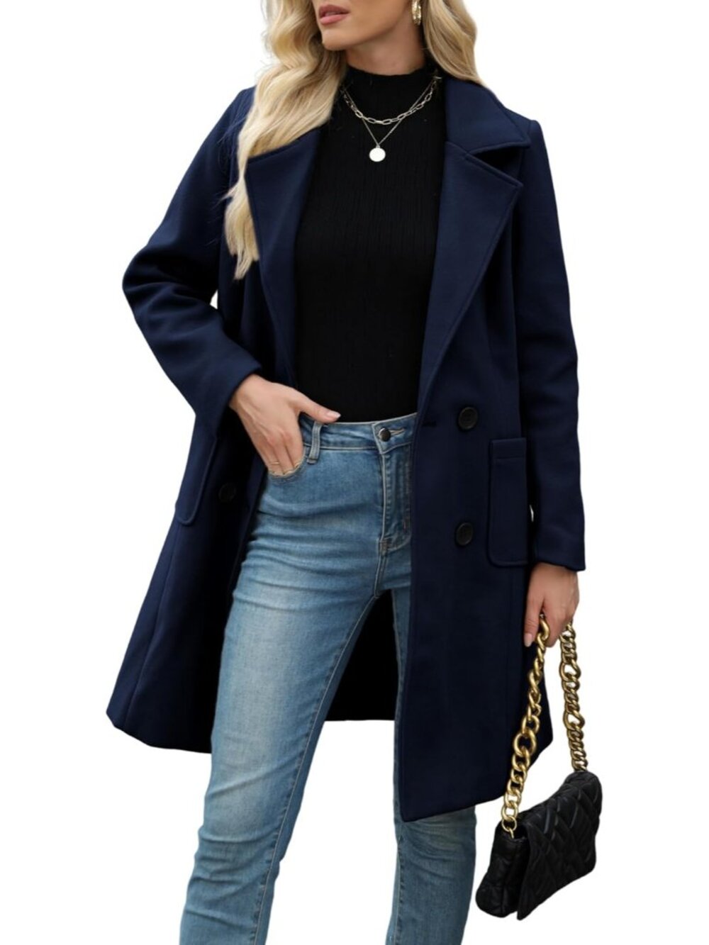 Women's Navy Blue Chic Wool Blend Mid-Long Notch Double-Breasted Trench Pea Coat